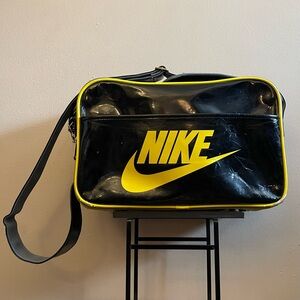 Vintage 90s Nike Patent Vinyl Black & Yellow Messenger Bag w Zipper Enclosure